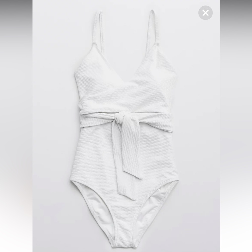 Aerie American Eagle Pique White Textured One Piece Wrap Swimsuit